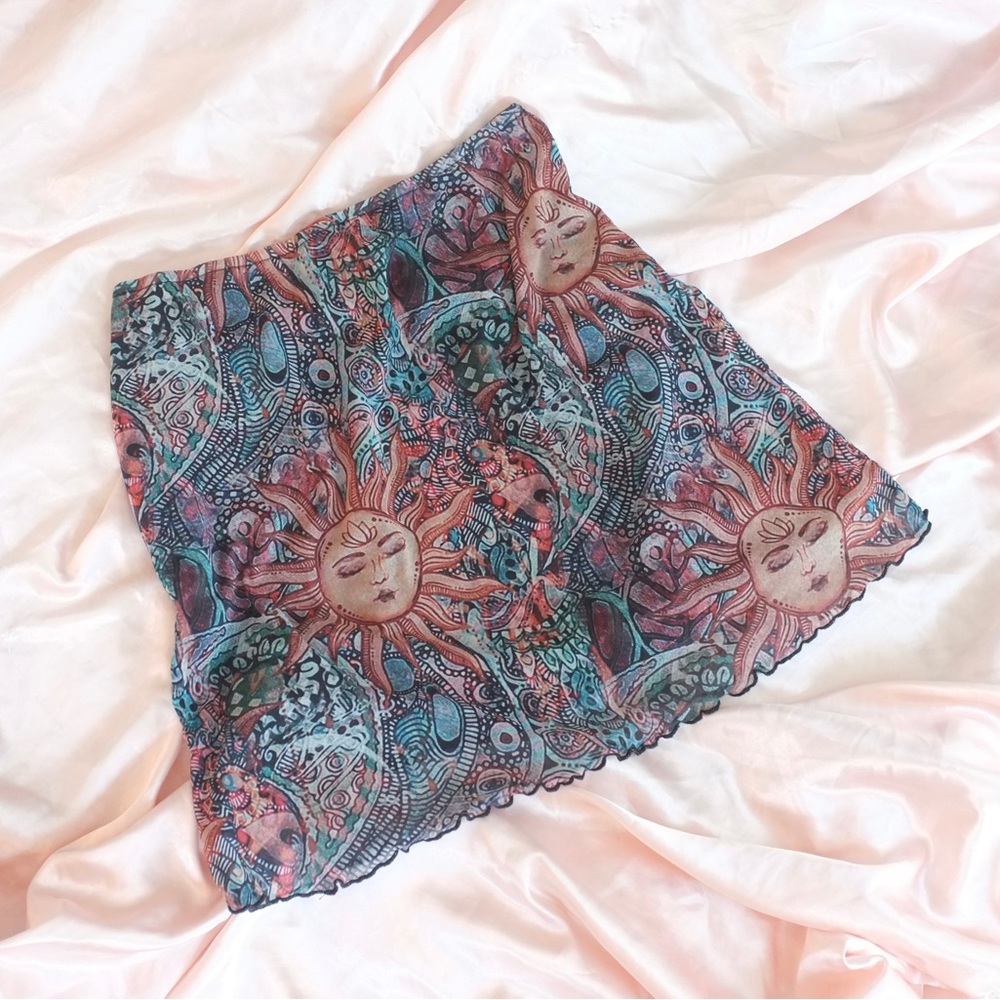 Sun Goddess Jewel Tone Sheer Overlay Mini Skirt XL